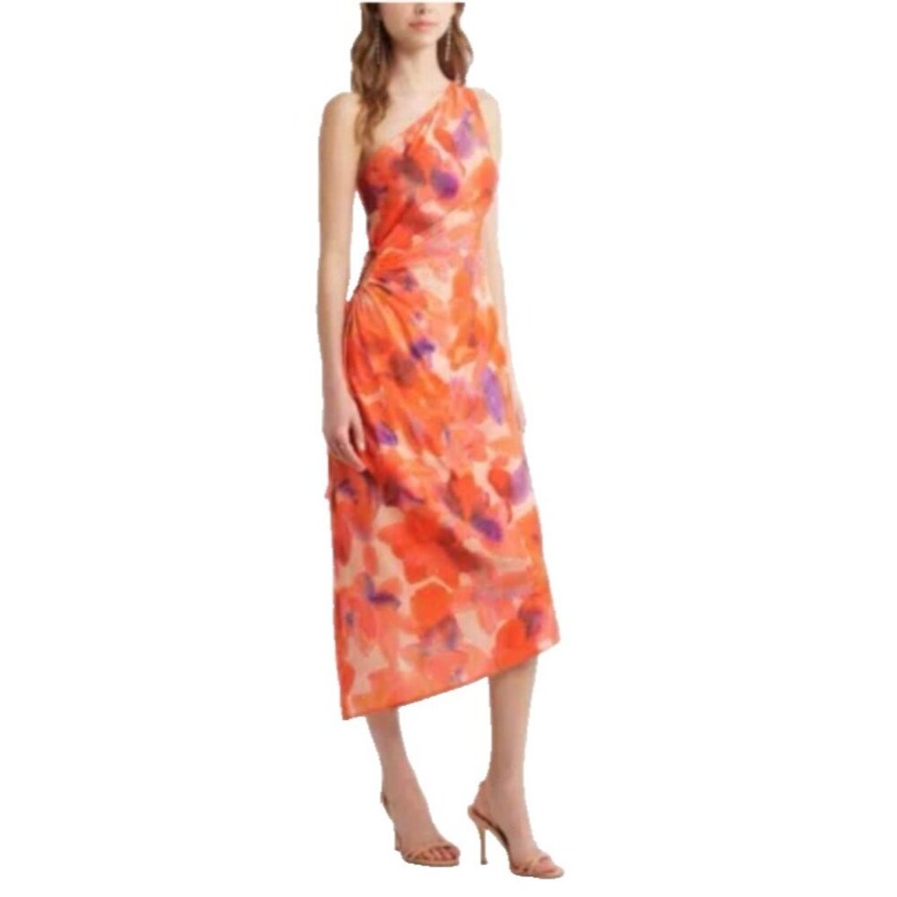 Chelsea28 Midi Dress L Large Purple Orange Pink Floral Linen One Shoulder - Picture 13 of 13